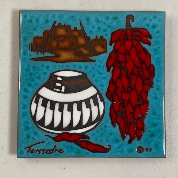 Vintage Cleo Teissedre Designs Southwestern Ceramic Tile Trivet Autographed 1982 - Picture 2 of 3